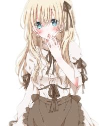 Rule 34 | 1girl, blonde hair, blue eyes, blush, dress, earrings, hair ribbon, hand to own mouth, hiro (hirohiro31), jewelry, long hair, looking at viewer, original, puffy short sleeves, puffy sleeves, ribbon, short sleeves, solo, white background