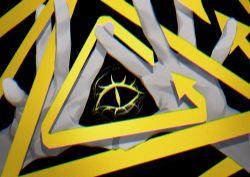 Rule 34 | 1boy, abstract, absurdres, arrow (symbol), bill cipher, black background, black sclera, blurry, colored eyelashes, colored sclera, eyelashes, gravity falls, highres, llwwdouyacaier, long hair, long sleeves, looking at viewer, male focus, one-eyed, personification, reaching, reaching towards viewer, simple background, slit pupils, solo, triangle, yellow eyes