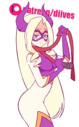 Rule 34 | 10s, 1girl, :d, animated, animated gif, arm up, artist name, ass, ass shake, bad id, bad tumblr id, blonde hair, bodysuit, boku no hero academia, boots, bouncing breasts, breasts, closed mouth, diives, domino mask, drill hair, gloves, half-closed eyes, hands up, happy, holding, holding whip, horns, long hair, looking at viewer, mask, medium breasts, mount lady, naughty face, open mouth, parted bangs, patreon, patreon username, purple eyes, simple background, skin tight, smile, solo, standing, teeth, tongue, twin drills, very long hair, watermark, weapon, whip, white background, white hair