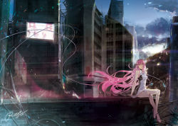 Rule 34 | 1girl, android, blue eyes, building, headphones, joints, long hair, megurine luka, petals, pink hair, rahwia, robot joints, skyscraper, solo, very long hair, vocaloid, wind
