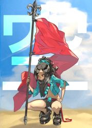Rule 34 | 1girl, absurdres, balance (superdust), belt, black footwear, black hair, black scarf, black shorts, blue jacket, blue sky, boots, closed mouth, cloud, commentary request, contrail, cropped jacket, flag, full body, highres, holding, holding flag, jacket, kanji, long hair, original, outdoors, ponytail, red eyes, red flag, scarf, shorts, skull belt, sky, solo, squatting