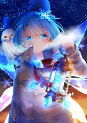 Rule 34 | 1girl, absurdres, alternate costume, animal, animal on shoulder, bird, bird on shoulder, blue bow, blue eyes, blue hair, bow, breath, cirno, commentary request, dated, grey jacket, hair bow, hand up, highres, holding, holding lantern, ice, ice wings, jacket, lantern, long sleeves, looking at viewer, outdoors, owl, short hair, solanikieru, touhou, upper body, wings