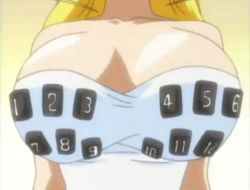 Rule 34 | 1girl, animated, animated gif, bare shoulders, blonde hair, bouncing breasts, breast focus, breasts, collarbone, controller, dress, gradient background, head out of frame, huge breasts, impossible clothes, long hair, looping animation, lowres, momozono mei, mouse (anime), remote, remote control, shiny skin, solo, white dress, yellow background