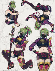 Rule 34 | 1girl, arm tattoo, armor, black shirt, black shorts, breasts, commentary, crop top, genshin impact, green hair, grey background, hair between eyes, hand on own hip, head tilt, highres, holding, holding sword, holding weapon, katana, knees up, kuki shinobu, looking at viewer, mask, midriff, mouth mask, multiple views, navel, ponytail, purple eyes, scabbard, sheath, shirt, short hair, short shorts, shorts, shoulder armor, sitting, sleeveless, sleeveless shirt, small breasts, stomach, susti (susti nere), sword, tattoo, thighs, unsheathing, weapon