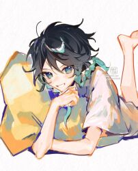 Rule 34 | 1boy, aqua eyes, aqua hair, artist logo, artist name, barefoot, black hair, blue eyes, genshin impact, gradient hair, grin, hugging object, instagram username, legs up, looking at viewer, lying, male focus, mint-tan, multicolored eyes, multicolored hair, on stomach, open mouth, pillow, pillow hug, shirt, short sleeves, simple background, smile, solo, t-shirt, twitter username, venti (genshin impact), white background, white shirt
