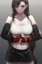 Rule 34 | 1girl, bare shoulders, black hair, breasts, cleavage, clothing cutout, cracking knuckles, crop top, elbow gloves, fed (giba), final fantasy, final fantasy vii, gloves, highres, large breasts, looking at viewer, miniskirt, navel, navel cutout, red eyes, shoulder strap, skirt, solo, strap, suspender skirt, suspenders, tank top, tifa lockhart