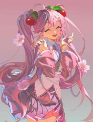 Rule 34 | 1girl, 2859599515, absurdres, cherry hair ornament, closed eyes, cowboy shot, detached sleeves, flower, food-themed hair ornament, gradient background, grey background, hair flower, hair ornament, hatsune miku, highres, leaf, long hair, necktie, open mouth, pink background, pink flower, pink hair, pink necktie, pink sleeves, pleated skirt, purple skirt, sakura miku, skirt, smile, solo, twintails, very long hair, vocaloid