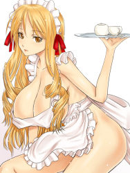 Rule 34 | 1girl, apron, blonde hair, blush, breasts, cleavage, collarbone, cup, hanging breasts, large breasts, long hair, looking at viewer, maid headdress, morozou, naked apron, original, simple background, solo, teacup, tray, yellow eyes