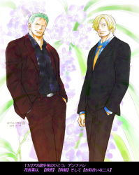 Rule 34 | 2boys, aqua shirt, black shirt, black suit, cigarette, earrings, facial hair, feet out of frame, floral background, formal, goatee, green hair, jewelry, kokorozashi, leaning back, male focus, mature male, multiple boys, necktie, one piece, red suit, roronoa zoro, sanji (one piece), scar, scar across eye, scar on face, shirt, short hair, sideburns, single earring, smile, stubble, suit
