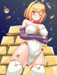 Rule 34 | 1girl, breasts, cleavage, coin, doi mayu, gold bar, gold coin, leotard, onsen musume, playboy bunny, thighhighs, white leotard, white thighhighs