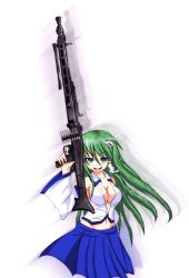 Rule 34 | 1girl, bare shoulders, breasts, cleavage, detached sleeves, doyouwantto, female focus, frog, frog hair ornament, green eyes, green hair, groin, gun, hair ornament, japanese clothes, kochiya sanae, long hair, looking at viewer, machine gun, matching hair/eyes, mg42, miko, navel, open mouth, skirt, smile, snake, solo, touhou, weapon