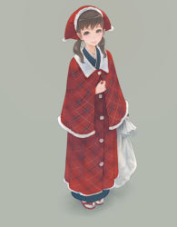 Rule 34 | 1girl, bag, blush, brown eyes, brown hair, hat, japanese clothes, looking at viewer, original, plaid, simple background, smile, solo, twintails, weno
