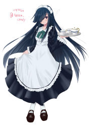 Rule 34 | 1girl, absurdres, alternate costume, apron, black dress, black eyes, black footwear, black hair, clothes lift, commentary request, dated, dress, dress lift, enmaided, frilled apron, frills, full body, hair over one eye, hakka ame (hakka candy), hayashimo (kancolle), highres, kantai collection, crossed legs, long hair, looking at viewer, maid, maid headdress, mary janes, one-hour drawing challenge, shoes, simple background, solo, tea set, tray, twitter username, very long hair, white apron, white background, white legwear