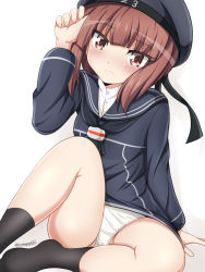 Rule 34 | 1girl, adjusting clothes, adjusting headwear, black socks, brown eyes, brown hair, clothes writing, dress, embarrassed, hat, highres, kantai collection, long sleeves, military, military hat, military uniform, panties, pantyshot, peaked cap, sailor collar, sailor dress, sailor hat, short hair, sitting, socks, solo, tamayan, underwear, uniform, wavy mouth, white panties, z3 max schultz (kancolle)