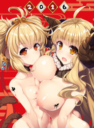 Rule 34 | 10s, 2016, 2girls, ahoge, andira (granblue fantasy), anila (granblue fantasy), animal ears, antenna hair, asymmetrical docking, blonde hair, blunt bangs, blush, breast press, breasts, cleavage, closed mouth, detached collar, draph, earrings, egasumi, erune, eyebrows, frown, fur trim, granblue fantasy, groin, hairband, highres, horns, jewelry, large breasts, long hair, looking at viewer, marble, monkey ears, monkey tail, multiple girls, navel, new year, nipples, nude, open mouth, orange eyes, raiou, red ribbon, ribbon, sheep horns, short eyebrows, short hair, small breasts, stomach, tail, tattoo, two side up, unaligned breasts, upper body, yellow eyes