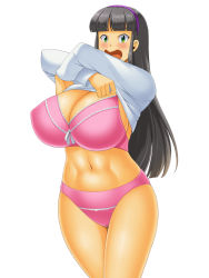 Rule 34 | 1girl, breasts, huge breasts, kawanuma uotsuri, lingerie, long hair, open mouth, saionji natsu, surprised, underwear