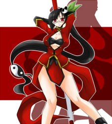 Rule 34 | 1girl, arc system works, arms behind back, arms behind head, black bra, black hair, blazblue, blazblue: calamity trigger, bra, breasts, china dress, chinese clothes, dress, female focus, glasses, lao jiu, lingerie, litchi faye ling, long hair, ponytail, red eyes, solo, staff, takanon (pixiv259581), underwear, very long hair