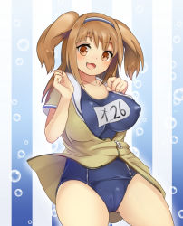 Rule 34 | 10s, 1girl, breasts, brown eyes, cameltoe, clothes writing, covered erect nipples, hairband, i-26 (kancolle), kantai collection, large breasts, light brown hair, long hair, nagimya, name tag, new school swimsuit, old school swimsuit, one-piece swimsuit, open clothes, open mouth, sailor collar, school swimsuit, short sleeves, smile, solo, swimsuit, swimsuit under clothes, two-tone hairband, two side up