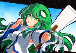 Rule 34 | 1girl, arm up, bad id, bad pixiv id, bare shoulders, black border, blue background, border, breasts, collar, collared shirt, detached sleeves, frog hair ornament, gohei, gradient background, green eyes, green hair, hair between eyes, hair ornament, hair tubes, hairpin, hands up, kochiya sanae, long hair, long sleeves, looking at viewer, medium breasts, multicolored eyes, open mouth, qqqrinkappp, shirt, smile, snake hair ornament, solo, touhou, traditional media, white background, white shirt, white sleeves, wide sleeves, yellow eyes