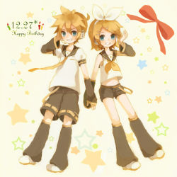 Rule 34 | 1boy, 1girl, bare shoulders, blonde hair, blue eyes, brother and sister, dated, detached sleeves, grin, hair ornament, hairband, hairclip, happy birthday, headset, kagamine len, kagamine rin, mikanniro, shorts, siblings, smile, star (symbol), vocaloid