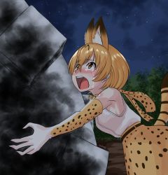 Rule 34 | 10s, 1girl, animal ears, bare shoulders, black cellien (kemono friends), bow, bowtie, crying, crying with eyes open, elbow gloves, extra ears, gloves, high-waist skirt, kemono friends, mrdotd, night, open mouth, serval (kemono friends), serval print, serval tail, shirt, short hair, skirt, sleeveless, sleeveless shirt, spoilers, striped tail, tail, tears, teeth, tongue, tree, yellow eyes