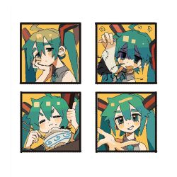 Rule 34 | 1girl, ahoge, aqua eyes, aqua hair, aqua necktie, bare shoulders, black border, blush stickers, border, bowl, chopsticks, closed mouth, commentary, eating, expressions, fang, food, grey shirt, hair between eyes, hand on own cheek, hand on own face, hashtag-only commentary, hatsune miku, highres, holding, holding chopsticks, holding sock, light blush, looking at viewer, necktie, open mouth, outstretched hand, pout, reaching, reaching towards viewer, rice bowl, shaded face, shirt, sidelocks, smile, solo, suuroku, thumbs up, twintails, vocaloid, white background