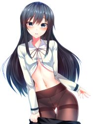 Rule 34 | 10s, 1girl, asashio (kancolle), bad id, bad pixiv id, black dress, black skirt, blue eyes, blue hair, blush, breasts, brown pantyhose, clothes pull, collared shirt, contrapposto, cowboy shot, crotch seam, dress, dress pull, eyebrows, gluteal fold, highres, kantai collection, long hair, long sleeves, matching hair/eyes, navel, neck ribbon, pantyhose, pulled by self, red ribbon, ribbon, round teeth, shirt, silly (marinkomoe), simple background, skinny, skirt, skirt pull, slender, small breasts, solo, standing, stomach, swimsuit, teeth, thigh gap, thighband pantyhose, undressing, very long hair, white background, wing collar