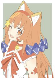 Rule 34 | 1girl, :d, absurdres, animal ear fluff, animal ears, bad id, bad twitter id, bell, blue background, border, choker, donguri suzume, hair ornament, highres, jingle bell, long hair, looking at viewer, low twintails, neck bell, neck ribbon, one eye closed, open mouth, orange choker, orange eyes, orange hair, orange ribbon, original, ribbon, simple background, smile, solo, twintails, upper body, vest, white border, white vest