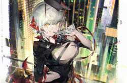 Rule 34 | + +, 1girl, absurdres, alternate costume, ambience synesthesia, arknights, black dress, black hat, breasts, center opening, cityscape, commentary, demon girl, demon horns, demon tail, dress, english commentary, eye mask, hand on own hip, hat, highres, holding, holding mask, horns, jumbowhopper, large breasts, looking at viewer, mask, official alternate costume, pointing, pointing up, red horns, short hair, sidelocks, smile, solo, tail, upper body, w (arknights), w (wanted) (arknights), white hair, yellow eyes