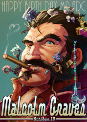 Rule 34 | 1boy, beard, cigar, dated, facial hair, gameplay mechanics, graves (league of legends), hair slicked back, happy birthday, karipaku, league of legends, looking at viewer, male focus, mature male, mustache, one eye closed, portrait, short hair, smoke heart, smoking, solo, thick eyebrows, wrinkled skin
