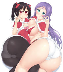 Rule 34 | 10s, 2girls, aqua eyes, ass, belly, black legwear, breasts, cameltoe, christmas, flat chest, grin, huge ass, katsura harufumi, large breasts, long hair, love live!, love live! school idol project, multiple girls, panties, panties under pantyhose, pantyhose, purple hair, red eyes, santa costume, simple background, smile, sugamo (nekozet4523), thick thighs, thighs, tojo nozomi, twintails, underwear, white background, white panties, wide hips, yazawa nico