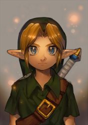 Rule 34 | 1boy, aoki (fumomo), belt, blonde hair, blue eyes, brown background, brown belt, closed mouth, collared shirt, expressionless, gradient background, green hat, green shirt, grey background, hat, link, nintendo, parted bangs, pointy ears, shirt, short sleeves, solo, sword, the legend of zelda, upper body, weapon, weapon on back