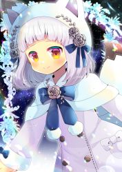 Rule 34 | 1girl, animal ears, animal hat, blue bow, blush, bow, capelet, closed mouth, dress, fake animal ears, flower, fur-trimmed capelet, fur-trimmed sleeves, fur trim, hat, kou hiyoyo, long sleeves, looking at viewer, purple dress, purple flower, purple rose, red eyes, rose, silver hair, sky, smile, solo, star (sky), starry sky, tail, vrchat, white capelet, white hat