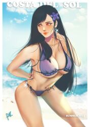 Rule 34 | 1girl, alternate costume, arialla draws, bare shoulders, beach, bikini, black hair, blue sky, breasts, cleavage, closed mouth, cloud, cloudy sky, collarbone, commentary, cowboy shot, dated, day, earrings, english commentary, final fantasy, final fantasy vii, final fantasy vii remake, flower, hair flower, hair ornament, jewelry, large breasts, light blush, lips, long hair, looking to the side, navel, ocean, outdoors, purple bikini, red eyes, red nails, sand, signature, single earring, sky, solo, stomach, swept bangs, swimsuit, tifa lockhart