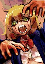 Rule 34 | 1girl, blazer, blonde hair, blood, blood on face, blue jacket, bow, bowtie, breasts, cafe no zombi-ko, cafe no zombi-ko (1st costume), collared shirt, commentary request, cowboy shot, dutch angle, indie virtual youtuber, jacket, looking at viewer, medium breasts, medium hair, motocha (mototya), open clothes, open jacket, open mouth, outstretched arms, red bow, red bowtie, shirt, solo, teeth, torn clothes, torn shirt, underboob, virtual youtuber, white shirt, yellow eyes, zombie, zombie pose
