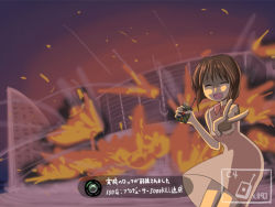 Rule 34 | 1girl, achievement unlocked, baakurou, bad id, bad pixiv id, bomb, closed eyes, controller, destruction, explosion, explosive, fire, game console, grand theft auto, hagiwara yukiho, idolmaster, idolmaster (classic), idolmaster 1, out of character, parody, red button, remote control, smile, solo, terrorism, translated, v, xbox, xbox 360, yandere