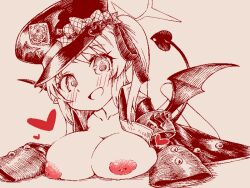 Rule 34 | 1girl, alternate breast size, anonymous (japanese), blue archive, blush, bow, breasts, demon girl, demon tail, demon wings, halo, hat, hat bow, heart, ibuki (blue archive), jacket, large breasts, looking at viewer, low wings, military jacket, monochrome, nipples, open mouth, oversized clothes, peaked cap, side ponytail, simple background, smile, tail, wings