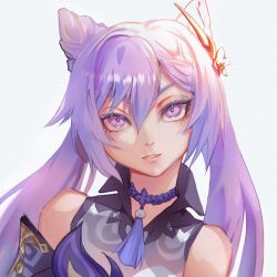 Rule 34 | 1girl, bare shoulders, choker, commentary request, genshin impact, grey background, grin, hair between eyes, hair ornament, highres, keqing (genshin impact), long hair, looking at viewer, parted lips, purple choker, purple eyes, purple hair, simple background, smile, solo, twintails, upper body, very long hair, washuu