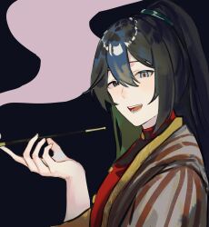 Rule 34 | 1boy, black background, black eyes, blue eyes, chinese clothes, coat, hair between eyes, hand up, hanfu, heterochromia, highres, hong lu (project moon), kiseru, limbus company, long hair, looking at viewer, msx (mis4xi), open mouth, project moon, red shirt, shirt, sidelocks, simple background, smile, smoke, smoking pipe, solo, striped, striped coat, very long hair, white coat