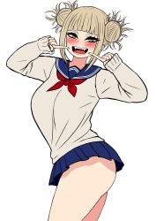 Rule 34 | 1girl, absurdres, ass, blonde hair, boku no hero academia, breasts, cowboy shot, double bun, hair bun, highres, large breasts, long sleeves, looking at viewer, messy hair, miniskirt, open mouth, school uniform, sharp teeth, simple background, skirt, solo, teeth, the only shoe, toga himiko, white background, yellow eyes
