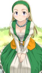 Rule 34 | 1girl, blonde hair, breasts, closed mouth, commentary request, dragon quest, dragon quest xi, dress, earrings, full body, imaichi, jewelry, long hair, looking at viewer, medium breasts, necklace, purple eyes, senya (dq11), smile, solo
