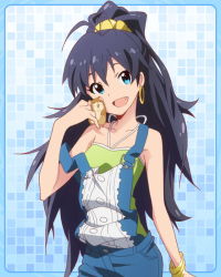 Rule 34 | 10s, 1girl, :d, animal, aqua eyes, black hair, bracelet, earrings, fang, ganaha hibiki, hamster, hamuzou, idolmaster, idolmaster (classic), idolmaster million live!, jewelry, looking at viewer, lots of jewelry, official art, open mouth, smile, strap slip