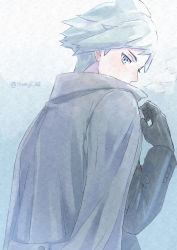 Rule 34 | 1boy, aihysa, alternate costume, black gloves, black jacket, buttons, coat, coat on shoulders, commentary request, creatures (company), game freak, gloves, grey coat, grey eyes, grey hair, hand up, highres, jacket, long sleeves, looking back, male focus, nintendo, pokemon, pokemon rse, short hair, solo, steven stone, upper body