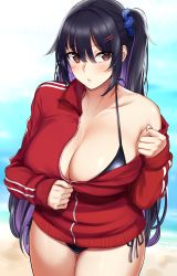 Rule 34 | 1girl, absurdres, bare shoulders, beach, bikini, black bikini, black hair, blue scrunchie, blush, breasts, brown eyes, cleavage, commentary request, from above, hair between eyes, hair ornament, hairclip, halterneck, hara mizuki, highres, jacket, kusahagane, large breasts, long hair, mole, mole under eye, multicolored hair, ocean, off shoulder, original, red jacket, sand, scrunchie, shore, side ponytail, sidelocks, solo, swimsuit, thighs, unzipped, unzipping, very long hair, water