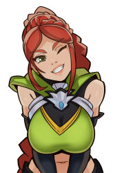Rule 34 | 1girl, breasts squeezed together, breasts, cassie (paladins), female focus, green eyes, grin, highres, large breasts, long hair, looking at viewer, navel, one eye closed, paladins, red hair, simple background, smile, solo, splashbrush, white background