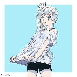 Rule 34 | artist name, bike shorts, blue background, blue eyes, bra strap, clothes pull, commentary, earrings, english commentary, jewelry, long hair, long shirt, meimeimo rwby, open mouth, ponytail, rwby, scar, scar across eye, shirt, thighs, tiara, weiss schnee, white hair, white shirt