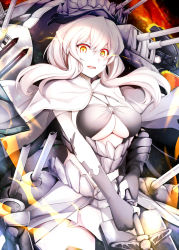 Rule 34 | 10s, 1girl, abyssal ship, bikini, bikini top only, black bikini, black gloves, breasts, cowboy shot, european princess, gloves, glowing, glowing eyes, hair between eyes, halterneck, holding, holding sword, holding weapon, kantai collection, large breasts, long hair, looking at viewer, machinery, o-ring, o-ring top, open mouth, revision, rigging, rui shi (rayze ray), skirt, solo, swimsuit, sword, teeth, turret, weapon, white hair, white skirt, yellow eyes