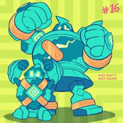 Rule 34 | character name, clenched hands, commentary, creature, creatures (company), english commentary, full body, game freak, gen 5 pokemon, golett, golurk, inktober, looking at viewer, nintendo, no humans, pokedex number, pokemon, pokemon (creature), shadow, spiral, standing, striped, striped background, tonestarr, yellow eyes