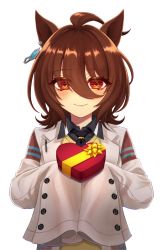Rule 34 | 1girl, agnes tachyon (umamusume), ahoge, animal ears, black necktie, blush, box, brown hair, closed mouth, collared shirt, earrings, emil1030 blue, hair between eyes, hands up, heart-shaped box, highres, horse ears, jewelry, lab coat, looking at viewer, medium hair, necktie, orange eyes, shirt, simple background, single earring, sleeves past fingers, sleeves past wrists, smile, solo, sweater, umamusume, upper body, white background, yellow sweater