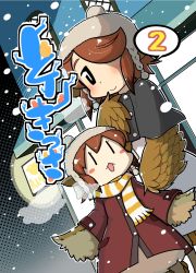 Rule 34 | 2girls, blush, blush stickers, brown hair, feather hair, feathered wings, hair over one eye, harpy, hat, highres, monster girl, multiple girls, nobuyoshi-zamurai, rin (torikissa!), scarf, siblings, sidelocks, sisters, smile, snowing, striped clothes, striped scarf, suzu (torikissa!), talons, torikissa!, winged arms, wings